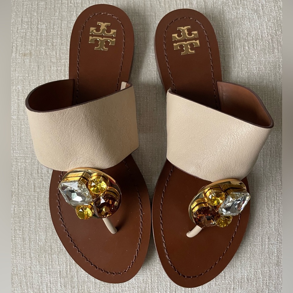 Tory Burch Sandals Patos Disk Embellished Dulce De Leche Womens 8